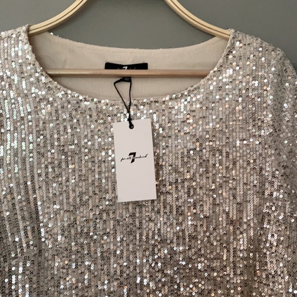 7 For All Mankind Sequin Mini Dress Silver Medium Short Sleeve New Years Eve - Picture 6 of 12